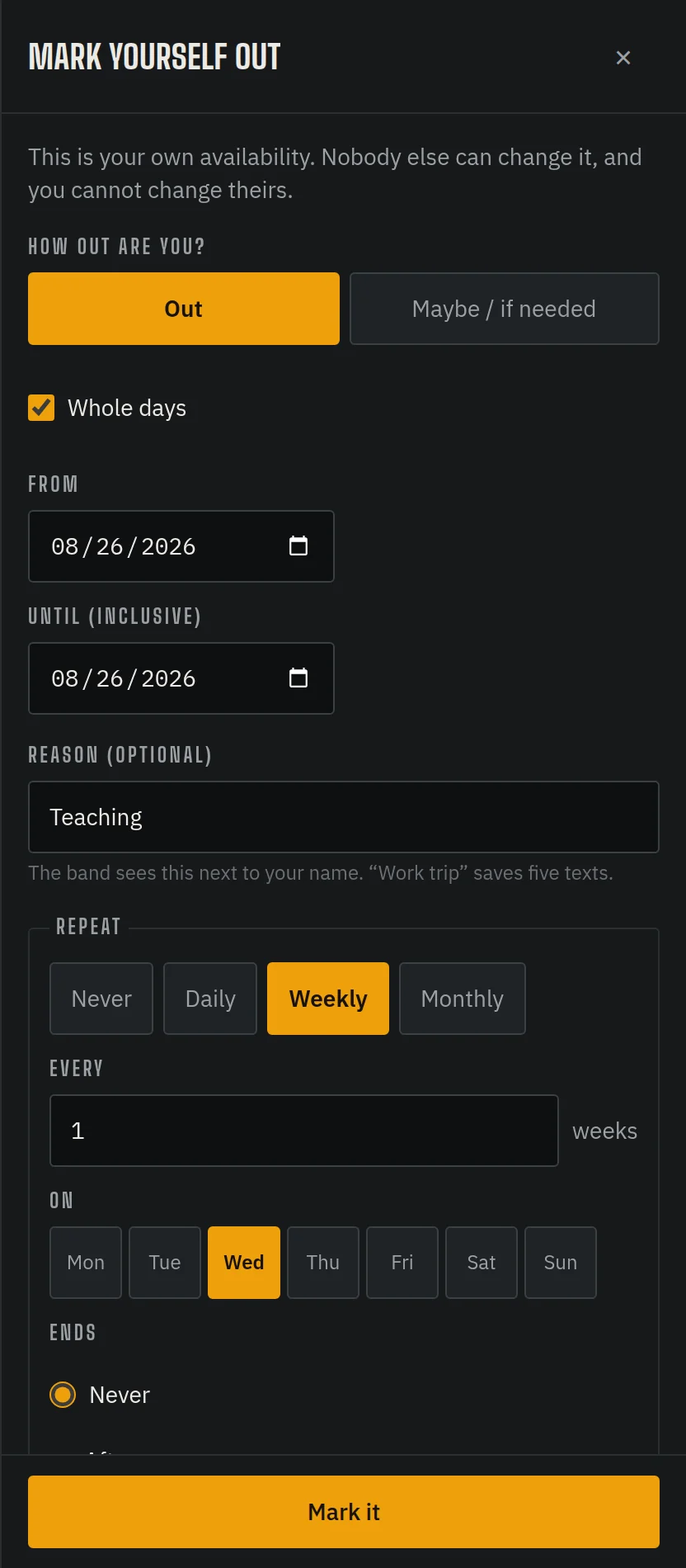 A stretch of days, with a reason — and set to repeat weekly.